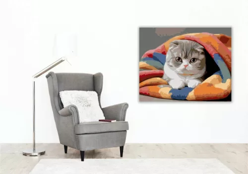 Alvó Skót Lógófülű Macska Színes Takarón - számfestő készlet - Számfestő.hu - 40×50cm - Keret nélkül