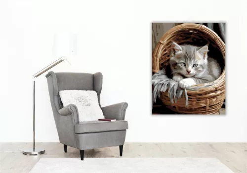 Szürke Kiscica Kosárban - számfestő készlet - Számfestő.hu - 80×100cm - keretre feszítve