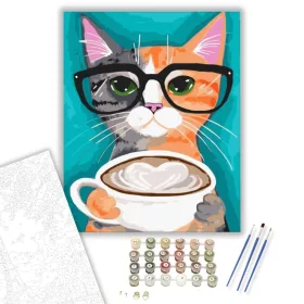 Macska kávéval - számfestő készlet - Számfestő.hu - 40×50cm - keret nélkül