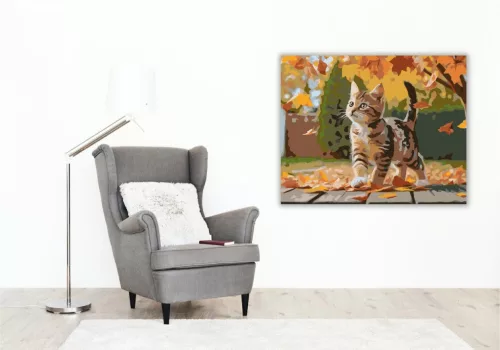 Játékos Cirmos Kiscica Őszi Levélhullásban - számfestő készlet - Számfestő.hu - 50×60cm - keret nélkül