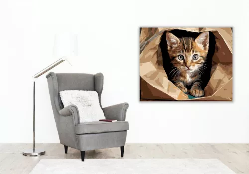 Kíváncsi Cirmos Kiscica Papírzacskóban - számfestő készlet - Számfestő.hu - 60×70cm - keret nélkül