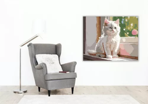 Fehér Kiscica Ablakpárkányon - számfestő készlet - Számfestő.hu - 80×100cm - keretre feszítve