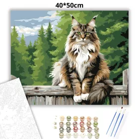 Büszke Maine Coon a Kerítésen - számfestő készlet - Számfestő.hu - 40×50cm - Keret nélkül