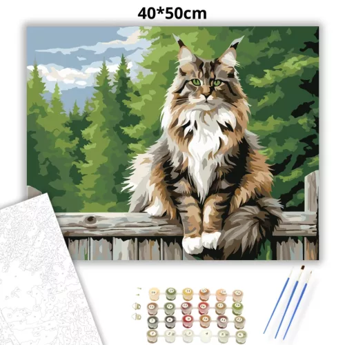 Büszke Maine Coon a Kerítésen - számfestő készlet - Számfestő.hu - 40×50cm - Keretre feszítve