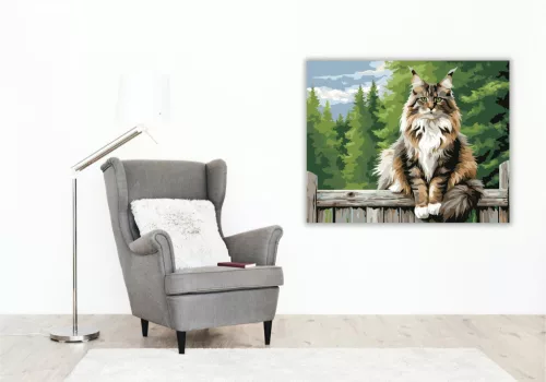 Büszke Maine Coon a Kerítésen - számfestő készlet - Számfestő.hu - 40×50cm - keret nélkül