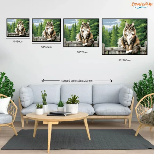 Büszke Maine Coon a Kerítésen - számfestő készlet - Számfestő.hu - 40×50cm - Keret nélkül