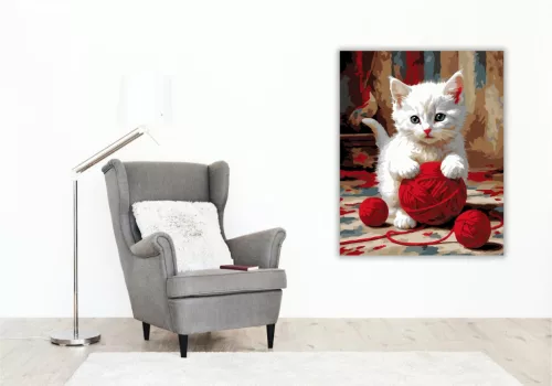 Fehér Kiscica Piros Fonallal - számfestő készlet - Számfestő.hu - 50×60cm - keret nélkül