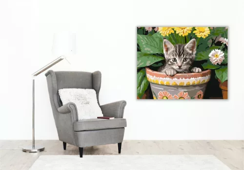 Kíváncsi Cirmos Kiscica Virágcserépben - számfestő készlet - Számfestő.hu - 50×60cm - keret nélkül