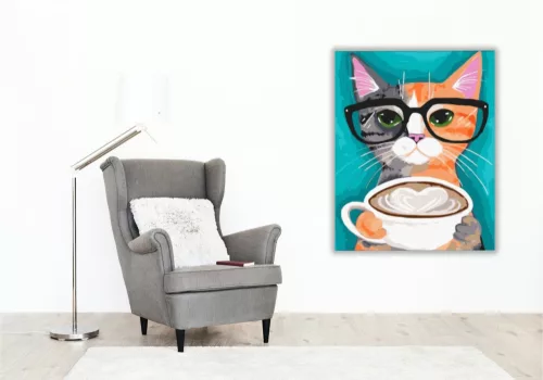 Macska kávéval - számfestő készlet - Számfestő.hu - 60×70cm - keret nélkül