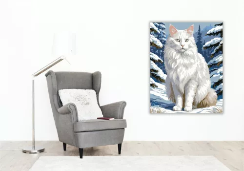 Hófehér Török Angóra a Téli Kertben - számfestő készlet - Számfestő.hu - 50×60cm - keret nélkül