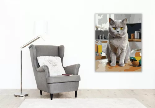British Shorthair Macska a Konyhapulton - számfestő készlet - Számfestő.hu - 50×60cm - keret nélkül