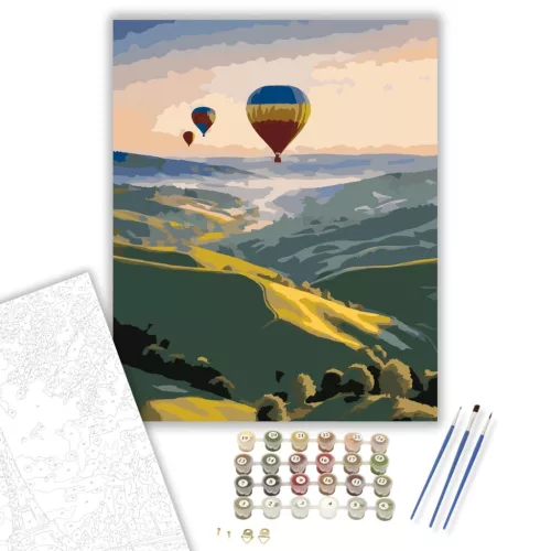 Napkelte Hőlégballonokkal a Dombok Felett - számfestő készlet - Számfestő.hu - 50×60cm - keretre feszítve
