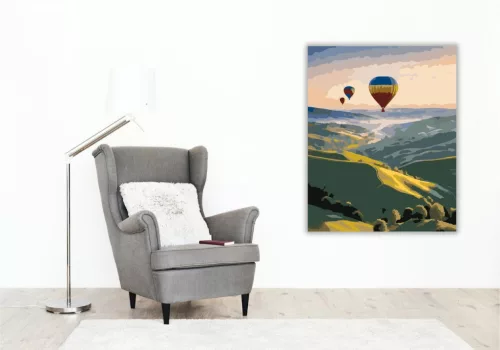 Napkelte Hőlégballonokkal a Dombok Felett - számfestő készlet - Számfestő.hu - 80×100cm - keret nélkül