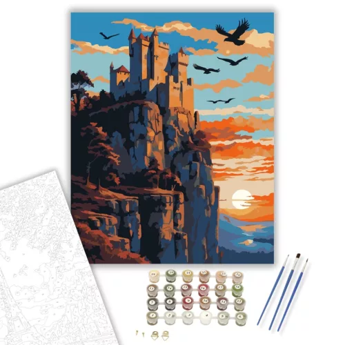 Misztikus Naplemente az Ősi Várnál - számfestő készlet - Számfestő.hu - 80×100cm - keret nélkül