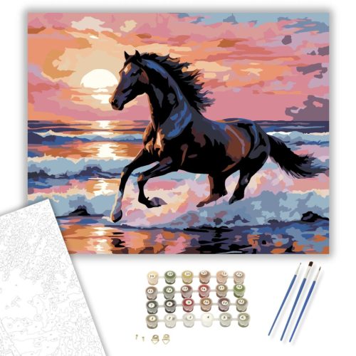 Fekete Csődör a Tengerparton - számfestő készlet - Számfestő.hu - 60×70cm - keretre feszítve