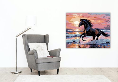 Fekete Csődör a Tengerparton - számfestő készlet - Számfestő.hu - 60×70cm - keret nélkül