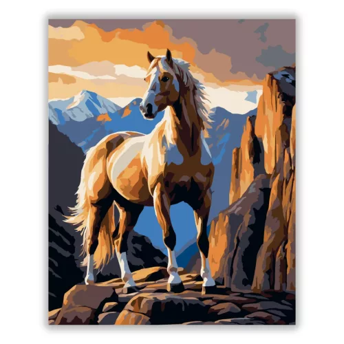 Felágaskodó Palomino Ló a Hegyekben - számfestő készlet - Számfestő.hu - 40×50cm - Keretre feszítve