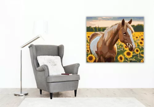 Palomino Ló Napraforgók Között - számfestő készlet - Számfestő.hu - 40×50cm - keretre feszítve