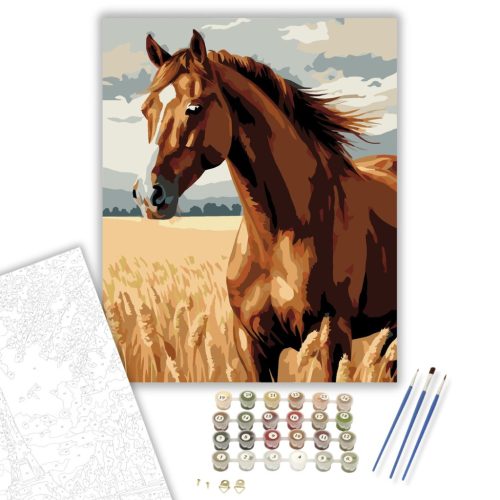 Gesztenyebarna Ló a Búzamezőn - számfestő készlet - Számfestő.hu - 80×100cm - keretre feszítve