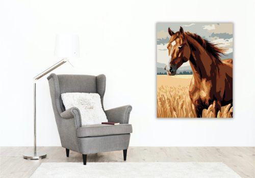 Gesztenyebarna Ló a Búzamezőn - számfestő készlet - Számfestő.hu - 80×100cm - keretre feszítve