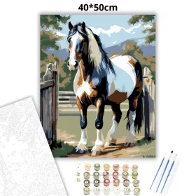 Gypsy Vanner Ló a Kerítésnél - számfestő készlet - Számfestő.hu - 40×50cm - Keret nélkül