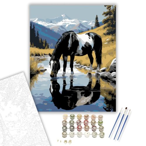 Fekete-fehér Pinto Ló a Hegyi Pataknál - számfestő készlet - Számfestő.hu - 40×50cm - keret nélkül