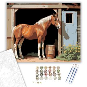 Kíváncsi Fiatal Csikó az Istállónál - számfestő készlet - Számfestő.hu - 40×50cm - keret nélkül