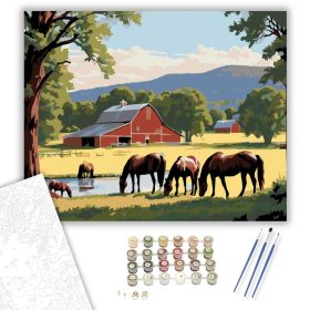 Legelő Lovak és Vörös Pajta - számfestő készlet - Számfestő.hu - 40×50cm - keret nélkül