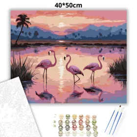 Flamingók a Napfelkeltében - számfestő készlet - Számfestő.hu - 40×50cm - Keret nélkül