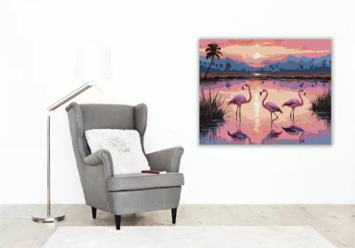 Flamingók a Napfelkeltében - számfestő készlet - Számfestő.hu - 40×50cm - keretre feszítve