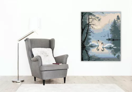Hattyúk a Ködpárás Tavon - számfestő készlet - Számfestő.hu - 50×60cm - keret nélkül