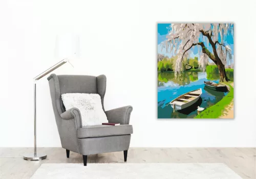 Tavaszi Folyópart Cseresznyefával - számfestő készlet - Számfestő.hu - 80×100cm - keret nélkül