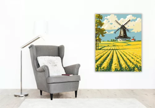 Tavaszi Repceföld és Szélmalom - számfestő készlet - Számfestő.hu - 40×50cm - keret nélkül