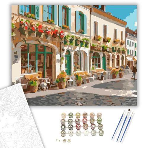 Virágos Tavaszi Városi Tér - számfestő készlet - Számfestő.hu - 80×100cm - keret nélkül