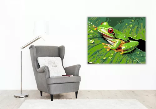 Zöld Levelibéka Harmatos Levélen - számfestő készlet - Számfestő.hu - 50×60cm - keret nélkül