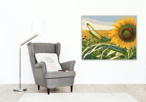 Zöld Szöcske Napraforgón - számfestő készlet - Számfestő.hu - 80×100cm - keret nélkül