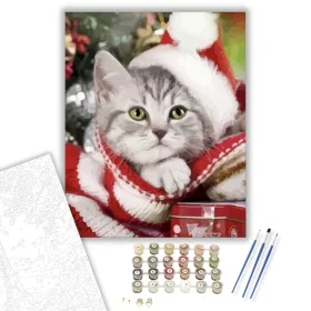 Cica mikulás sapkában - számfestő készlet - Számfestő.hu - 40×50cm - keret nélkül