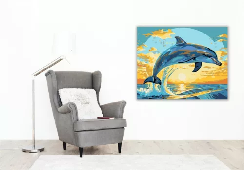 Ugró Delfin a Naplementében - számfestő készlet - Számfestő.hu - 60×70cm - keretre feszítve