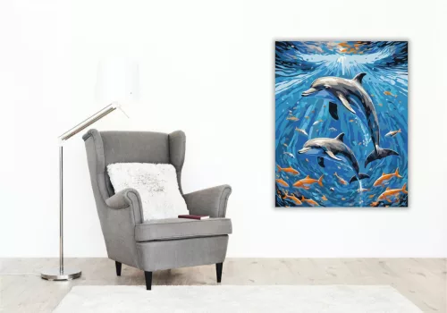 Vidám Delfinpár a Halraj Között - számfestő készlet - Számfestő.hu - 40×50cm - keret nélkül