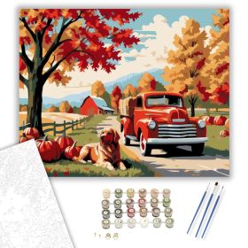 Őszi Vidék Piros Teherautóval - számfestő készlet - Számfestő.hu - 40×50cm - keret nélkül