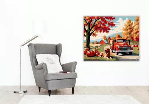 Őszi Vidék Piros Teherautóval - számfestő készlet - Számfestő.hu - 80×100cm - keret nélkül