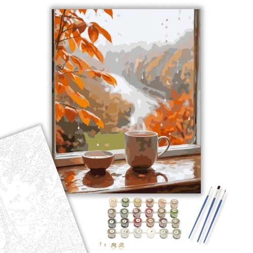 Őszi Ablakpárkány Teával - számfestő készlet - Számfestő.hu - 60×70cm - keretre feszítve