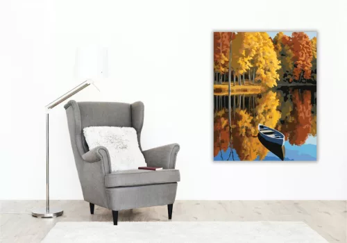 Őszi Tópart Csónakkal - számfestő készlet - Számfestő.hu - 40×50cm - keretre feszítve