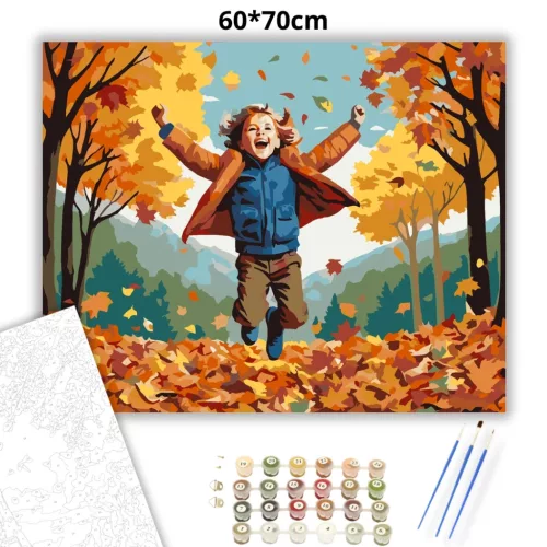 Gyermek és Őszi Falevelek - számfestő készlet - Számfestő.hu - 60×70cm - Keret nélkül