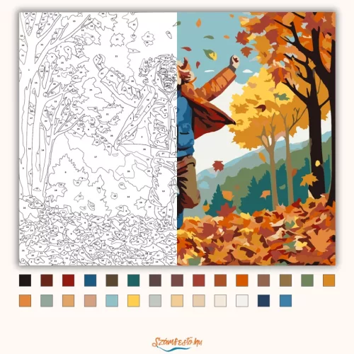 Gyermek és Őszi Falevelek - számfestő készlet - Számfestő.hu - 80×100cm - Keret nélkül