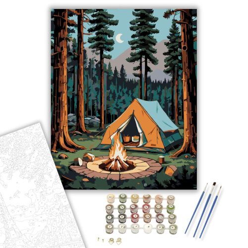 Éjszakai Táborozás Fenyvesben - számfestő készlet - Számfestő.hu - 80×100cm - keretre feszítve