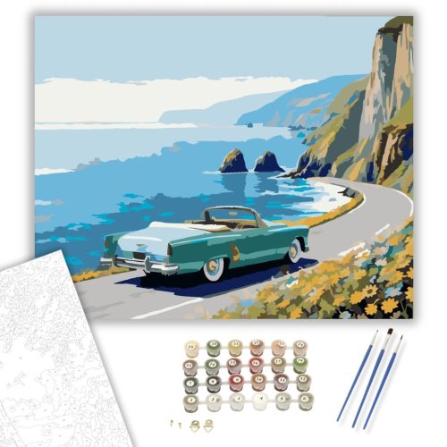 Tengerparti Út Kabrióval - számfestő készlet - Számfestő.hu - 40×50cm - keretre feszítve