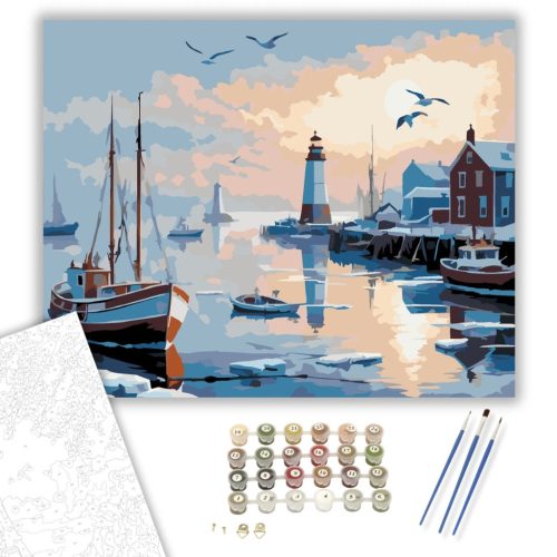 Téli Halászkikötő Világítótoronnyal - számfestő készlet - Számfestő.hu - 40×50cm - keretre feszítve
