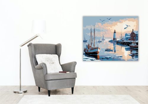 Téli Halászkikötő Világítótoronnyal - számfestő készlet - Számfestő.hu - 40×50cm - keretre feszítve