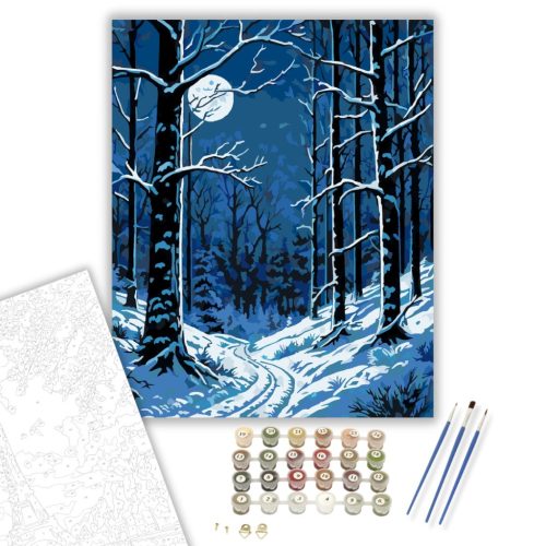 Holdfényes Havas Erdő - számfestő készlet - Számfestő.hu - 80×100cm - keretre feszítve